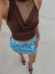 Avenya Mesh Patchwork Halter Tie Front Cowl Neck Knit Top - Brown - View 6