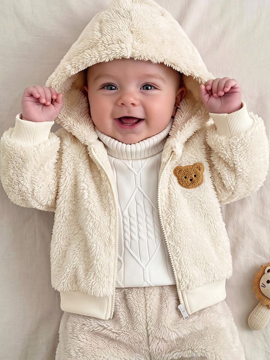 SHEIN Newborn Cute Casual Versatile Fluffy Teddy Bear Pattern Hooded Jacket - Apricot - View 1