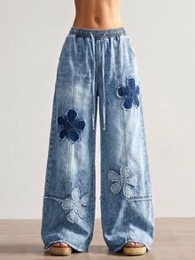 Bohemela Women's Drawstring Waist Floral Print Casual Daily Wear Long Pants - Blue - View 5