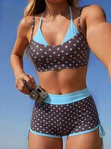 Bonvoyette Women's Summer Beach Vacation Blue And Brown Polka-Dot Print Layered Bikini Set,2-In-1 Bikini Top And Drawstring Beach Shorts - Multicolor - View 3
