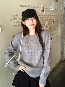 DAZY Women's Round Neck Polka Dot Korean Style Long Sleeve Mesh Knit Sweater, Autumn/Winter - Grey - View 3