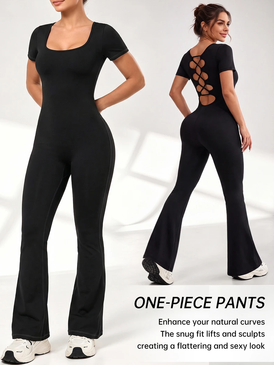 Slayform Slayform Women's Casual Versatile Square Neck Sports Jumpsuit - Black - View 1