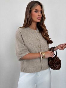 Firerie Women's Vintage Fashion Button Ribbed Patchwork Knit Cardigan - Apricot - View 3