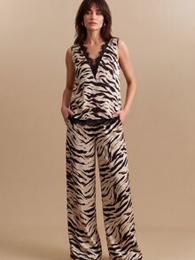CielaLinda Women's Leopard Print Lace-Trim Sleeveless Top & Wide-Leg Pants Two Pieces Set - Multicolor - View 2