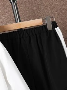 SHEIN 男童 2件組三色拼接半拉鍊連帽防風夾克外套與工裝長褲套裝，大童運動休閒套裝，秋季穿搭，秋季服飾 - 黑與白 - 查看 4