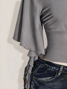 SHEIN ICON 女款大尺碼交叉V領抓褶純色T恤 - 灰色 - 查看 8