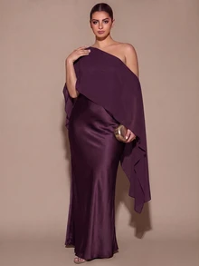 SHEIN BAE CURVE 大尺碼女款優雅長版不對稱單肩洋裝 - 紫色 - 查看 4