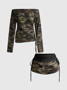 ROMWE J-Fashion Y2K Sexy Hot Girl Striped Batwing Sleeve Ruched Drawstring Off-Shoulder Women's Set - Army Green - View 1