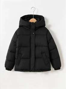 SHEIN 兒童大童女孩簡約舒適寬鬆短版立領加厚保暖冬季外套 - 黑色 - 查看 7