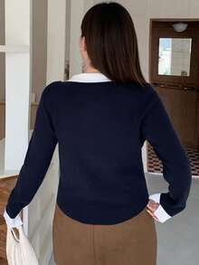 Dazy Plus College Style Color Block Patchwork Versatile Casual Spring/Autumn New Pullover Sweater - Navy Blue - View 2