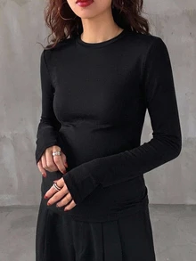 DAZY Solid Color Slim Fit Elastic Long Sleeve Crew Neck Casual Everyday Versatile Spring Autumn Top Maternity T-Shirt - Black - View 5