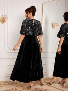 Modelyn Elegant Velvet Patchwork Silver Print Round Neck Cinched Waist A-Line Regular Fit Plus Size Dress For Spring And Autumn - Black - View 2