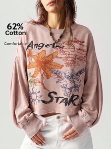 Bohemela Women's Letter Floral Print Casual Graphic Daily Everyday Night Out Long Sleeve Sweatshirt Pink Fall - Pink - View 3