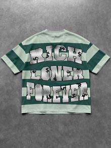 Manfinity EMRG Men's Dark & Light Green Striped Crew Neck Short Sleeve T-Shirt, Vintage Street Millennium Style Top, Portrait Coin & Calligraphy Letter & Large Dollar Sign Text Print On Front & Back, Suitable For Outings, Concerts, Music Festivals, Coachella, Parties, Summer Vacation - Multicolor - View 3