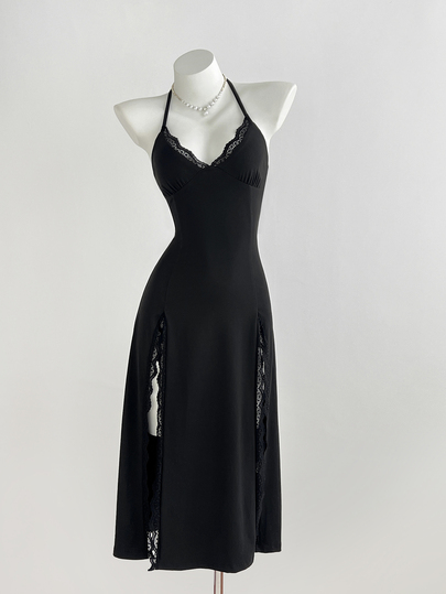 Elamini Women's Autumn/Winter Black Knit Lace Trim Patchwork V-Neck Halter Tie Back Open Back Cinched Cinched Waist High Slit Long Dress, Dark Gothic Vintage Niche Unique Design, High-End Minimalist Party Gathering Travel Holiday Atmosphere Daily Versatile