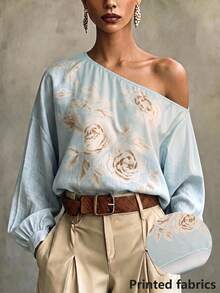 Trelyra Women's Blue Elegant Floral Print One-Shoulder Blouse, Suitable For Party And Commute - Blue - View 1