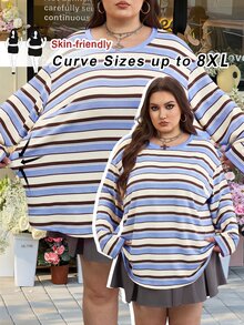 SHEIN CURVE+ 大尺碼 2026 秋季圓領露肩粉色寬鬆 1920s 80s 長版，冬季 22W 返校季 - 藍色 - 查看 2