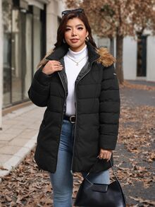 Reflora Plus Size Winter Fur Collar Hooded Warm Jacket - Black - View 5