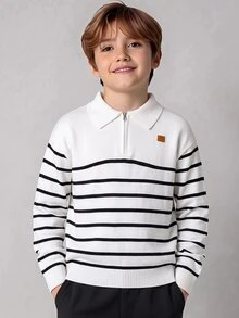 SHEIN 兒童青少年男孩休閒學院風舒適時尚簡約實用百搭半開領條紋軟厚毛衣，適合戶外玩耍、兒童服飾、返校季、學校、旅行、運動，適合秋冬 - 黑與白 - 查看 3