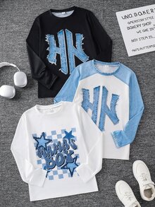 SHEIN 青少年男孩字母印花休閒日常長袖T恤 3件/組 - 彩色 - 查看 1