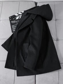 SHEIN 青少年男孩休閒學院風口袋中長版大衣，適合秋冬春季，適合戶外玩耍、學校、街頭風、派對與居家休閒，高 CP 值絎縫棉襖，填充大衣，冬季大衣 - 黑色 - 查看 9