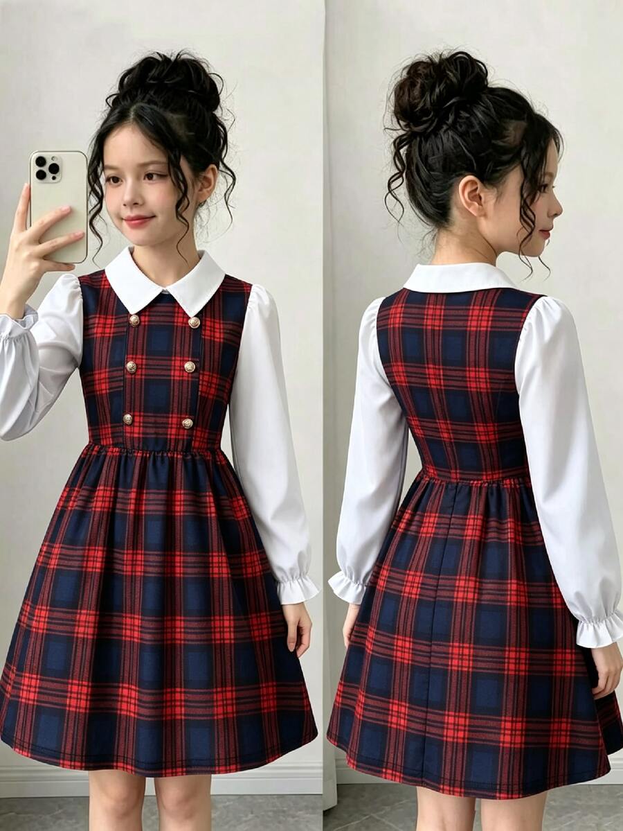 SHEIN Elladie kids 女童格紋 2 合 1 連身裙，紅藍配色拼色格紋雙排扣泡泡袖，甜酷復古學院風日常通勤收腰 A 字中長洋裝