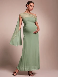 MaterniChic Maternity Solid Color Asymmetric Neck Ribbon Design Slim Fit Elegant Dress - Green - View 9