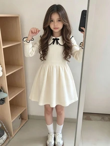 Souflis Souflis 女童針織毛衣洋裝，幼兒嬰兒套頭式荷葉領杏色長袖毛衣洋裝，舒適適合秋冬，手工蝴蝶結，精緻優雅百搭時尚淑女風，適合日常穿著、外出與旅行 - 米色 - 查看 3