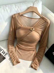SHEIN Raffinéa Women's Spring/Autumn Mesh Asymmetrical Collar Shawl Top With Metal Decor, Sheer Casual Holiday Streetwear Top - Brown - View 7