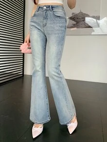 DAZY Women's Casual Daily Flare Jeans With Pocket, Button And Rhinestone Embellishments - Blue - View 4