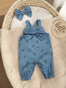 SHEIN 新生女嬰可愛百搭藍色花朵蝴蝶結連身衣 - 藍色 - 查看 5