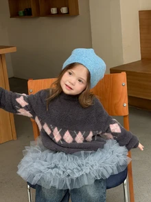 Dazy Kids Infant/Toddler (Girl) Round Neck Diamond Pattern Long Sleeve Colorblock Korean Style Versatile Autumn/Winter Sweater - Grey - View 2