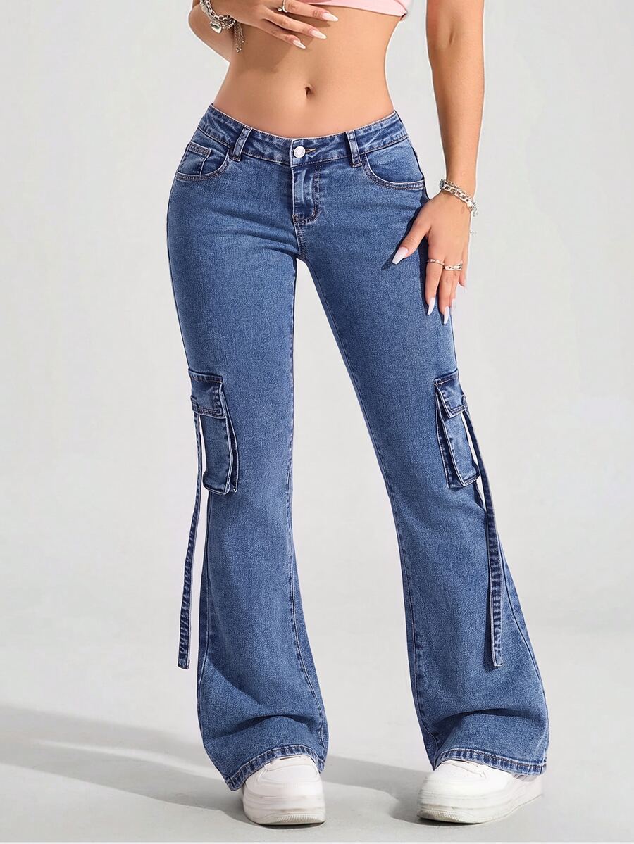SHEIN PETITE Celana Jeans Denim Model Bell Bottom Pinggang Rendah Kasual dengan Desain Washed - Biru - View 1