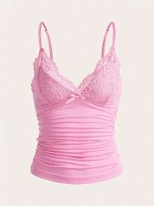 SHEIN ICON 對比色蕾絲抓皺 Y2K 細肩帶背心上衣 - 粉色 - 查看 3
