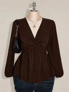 SHEIN ICON 女款大尺碼黑色紋理扭轉前襟燈籠袖上衣 - 棕色 - 查看 1