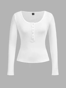 Tseoso 2pcs Henley Collar Button Front Long Sleeve T-Shirt Set (Black & White) - Suitable For Autumn, Winter, Spring, Combining Casual Vintage Classic, Sweet Girl And Minimalist Fresh Styles - Black and White - View 4