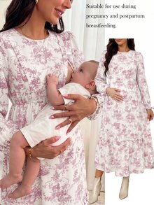 SHEIN 孕婦花卉印花哺乳休閒日常夏季洋裝 - 粉色 - 查看 1
