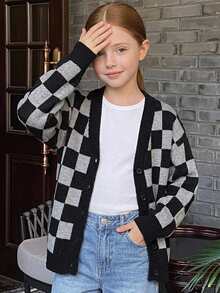 DAZY Tween Girl) Plaid Colorblock Loose Cardigan Casual Sweater Autumn/Winter Long Sleeve Open Front Jacket - Dark Grey - View 5