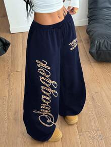 SHEIN 青少年女孩寬鬆休閒極簡舒適中腰字母印花寬腿運動長褲 - 藍色 - 查看 2