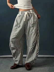 Bohemela Women's Striped Colorblock Drawstring Waist Pocket Loose Long Pants - Black and White - View 3