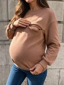 SHEIN 圓領長袖孕婦哺乳衛衣 - 棕色 - 查看 6