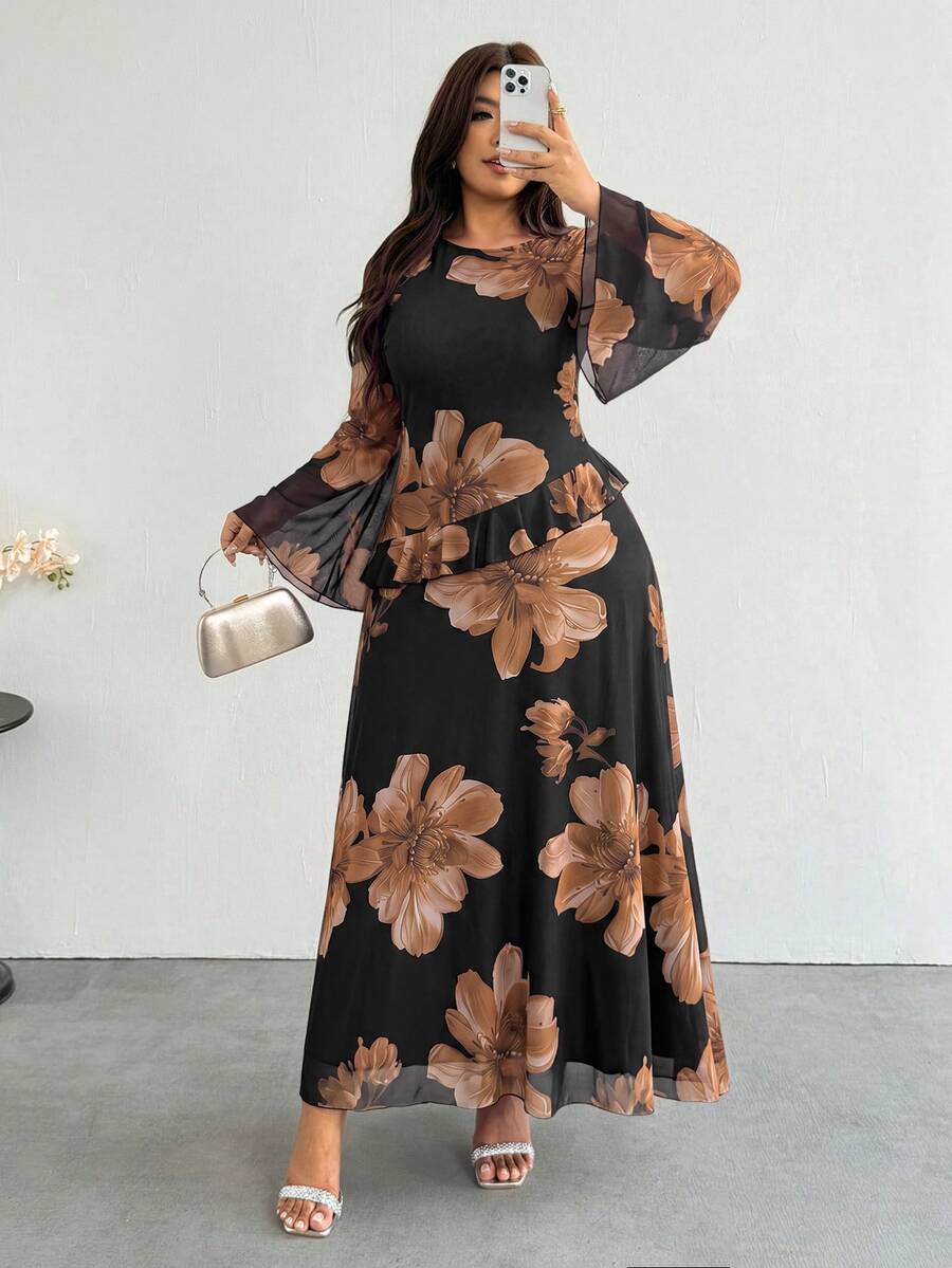 Firerie Plus Size Women's Floral Print Bell Sleeve Elegant Dress - Multicolor - View 1