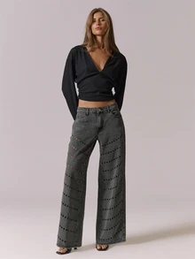 MUSERA Jeans de mezclilla gris lavada con adornos y corte láser, para verano y otoño, para salir, festival, estilo chica cool, Furiosa, Halloween - Negro - Ver 1