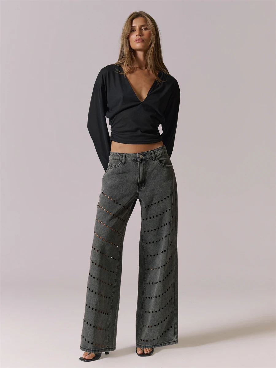 MUSERA Jeans de mezclilla gris lavada con adornos y corte láser, para verano y otoño, para salir, festival, estilo chica cool, Furiosa, Halloween - Negro - Ver 1