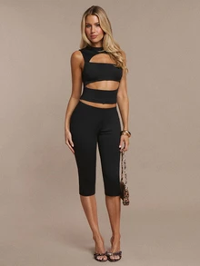 SHEIN BAE طقم نسائي من قطعتين للخريف/الشتاء، توب أسود مثير بتصميم مفتوح وبنطلون متوسط الطول - الأسود - مشاهدة 3