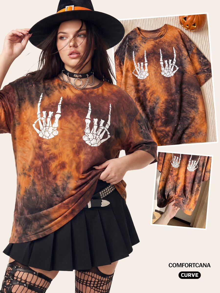 Comfortcana Plus Size Gothic Skeleton Hand Print Short Sleeve T-Shirt - Multicolor - View 1