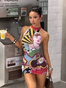 StreetHx Petite Gaun Mini Pendek Seksi Motif Pop Art Wanita untuk Pesta Malam di Klub, Warna Hitam dan Kuning, Cocok untuk Musim Panas - MultiWarna - View 1