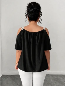 Elenzga Plus Size Round Neck Patchwork Lace Collar Cold Shoulder Short Sleeve Meteor Pleated Texture Pink Blouse - Black - View 2