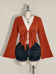 SHEIN ICON 女款大尺碼黑色紋理前綁帶上衣 - 橘色 - 查看 3