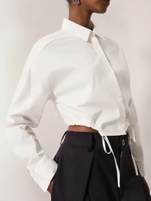 MERLEAU Women's Modern White Shirt With Drawstring Hem - White - View 8